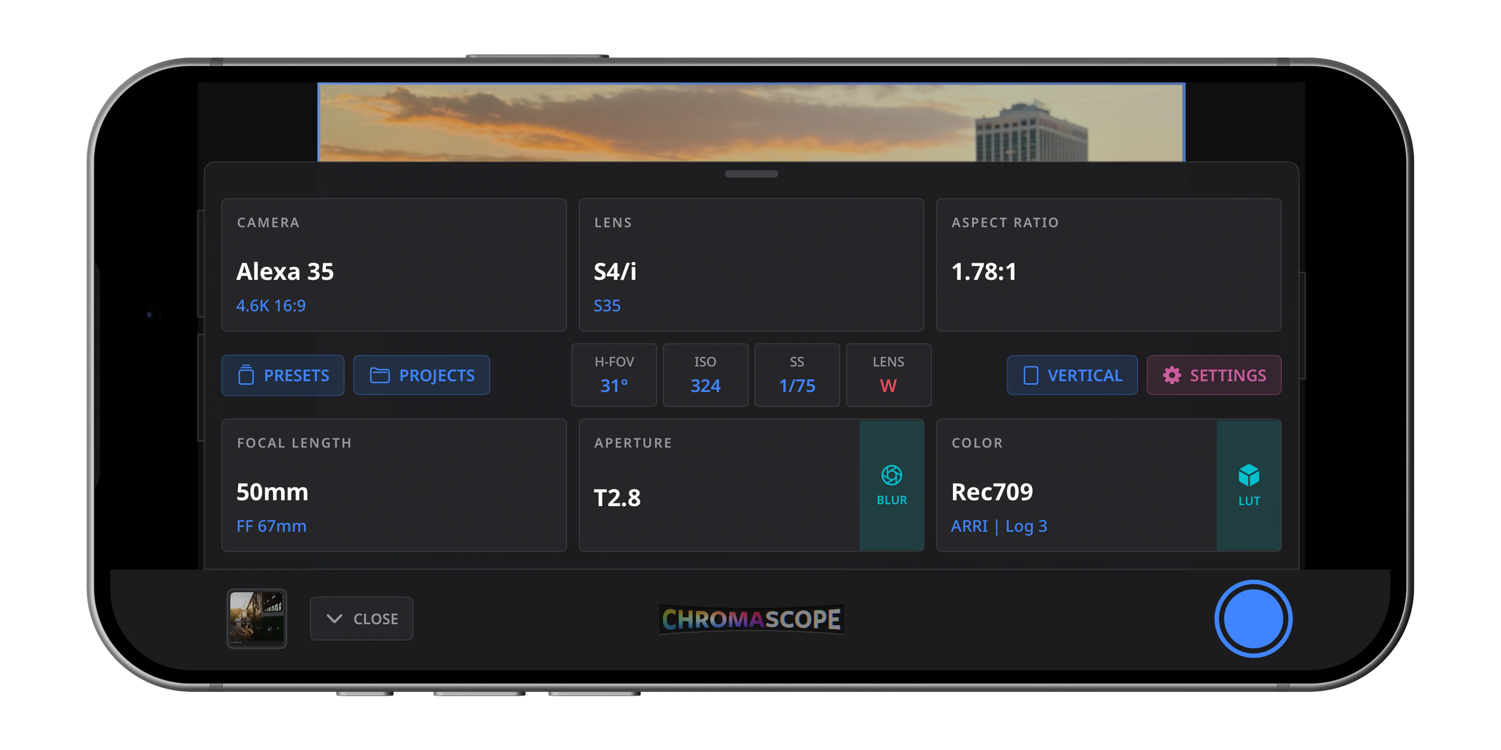 Chromascope main menu — camera, lens, aspect ratio, focal length, aperture, color
